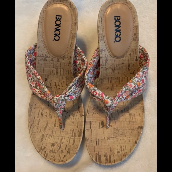Bongo Cork Wedge Sandals Size 8 Fabric Uppers - Picture 2 of 5